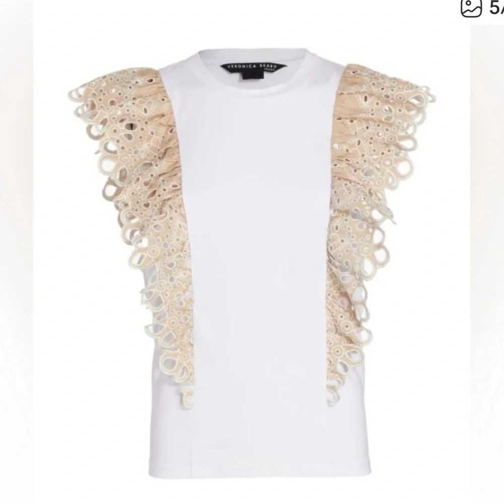 Veronica Beard White and Tan Lace Ruffle Blouse - Picture 5 of 10
